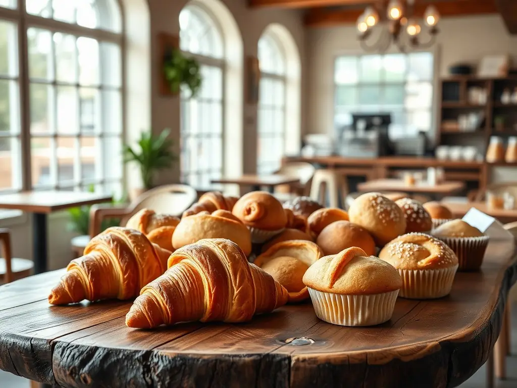 A close-up shot of a 6.5"x12" CoMoConnects postcard featuring a local bakery's advertisement, showcasing delicious pastries and a special offer.