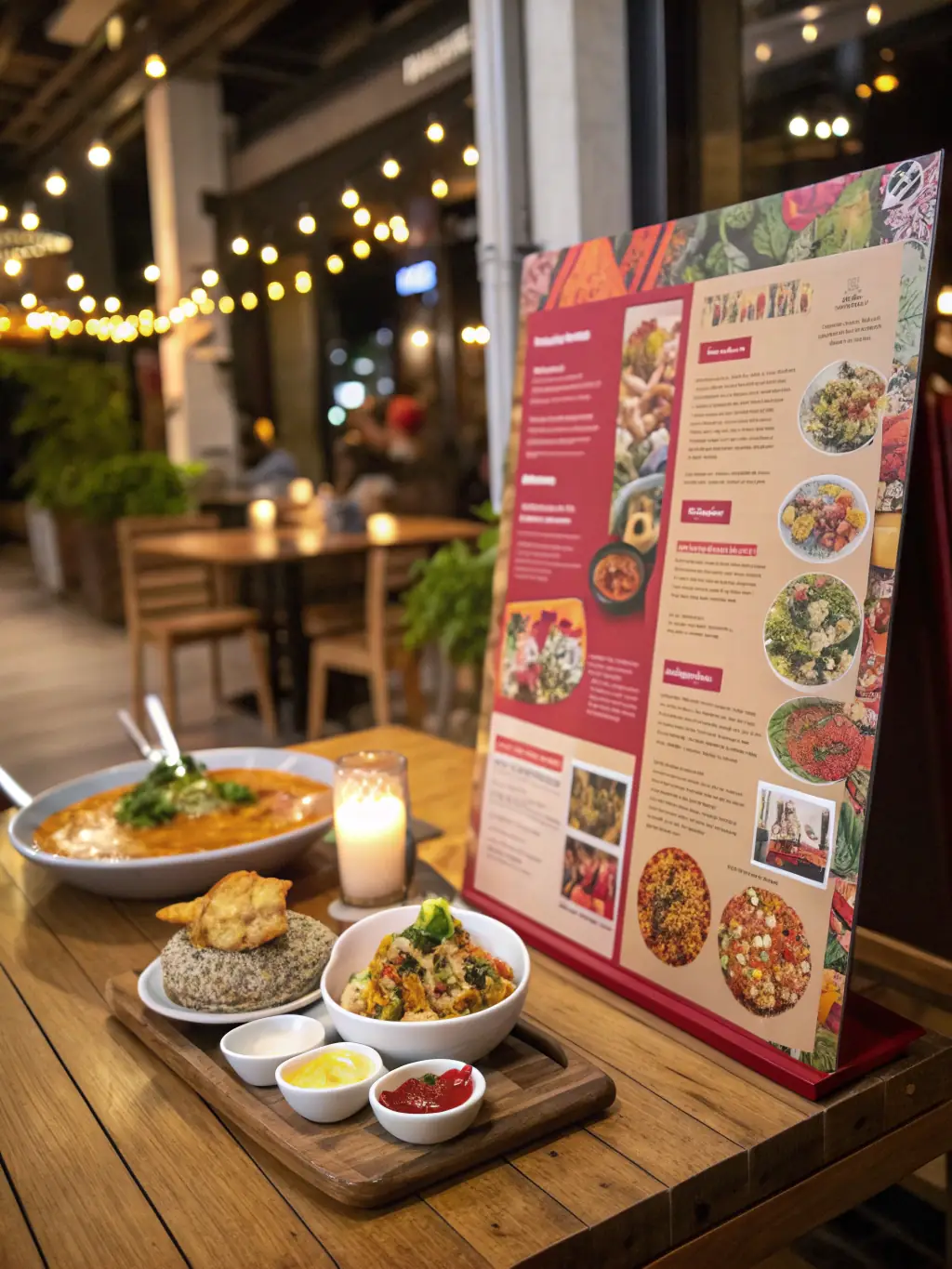 A CoMoConnects postcard featuring a local restaurant's advertisement, placed on a dining table with happy customers in the background.