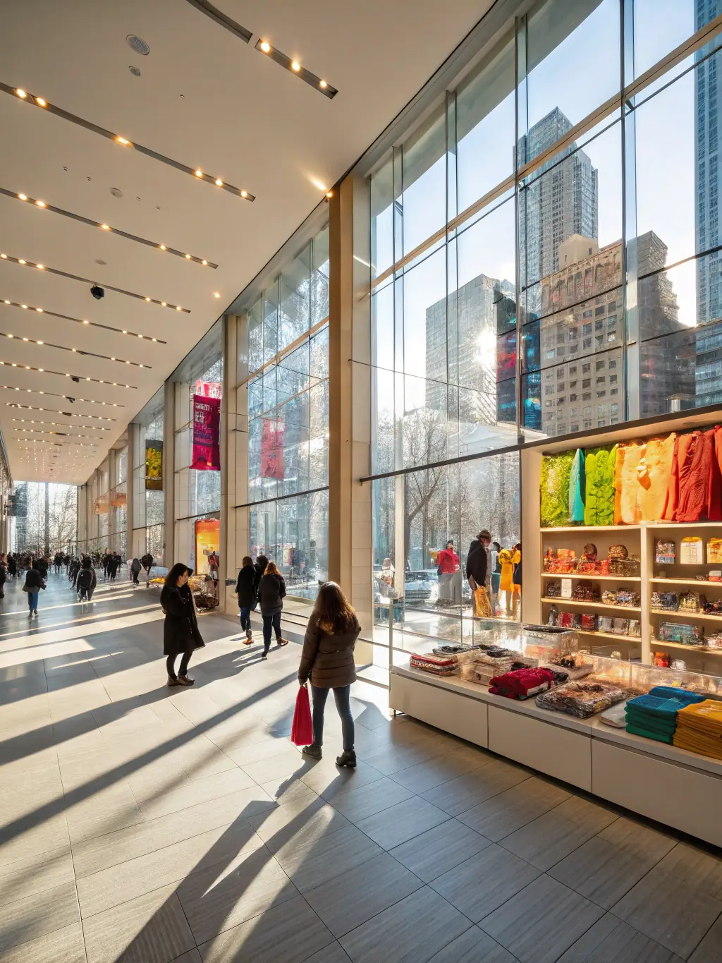 A CoMoConnects postcard featuring a local retail store's advertisement, with shoppers browsing in the background.