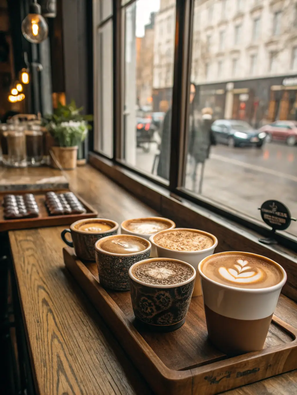 A close-up shot of a hand holding a CoMoConnects postcard, with a blurred background of a local coffee shop, symbolizing targeted local advertising.