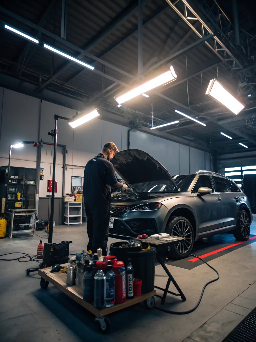 A CoMoConnects postcard showcasing a local auto repair shop's services, with a car being serviced in the background.